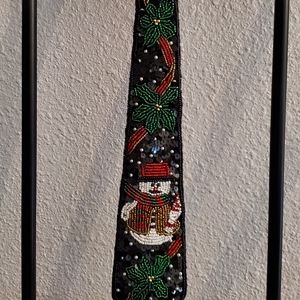 Beaded Christmas Tie Snowman Poinsettias Black